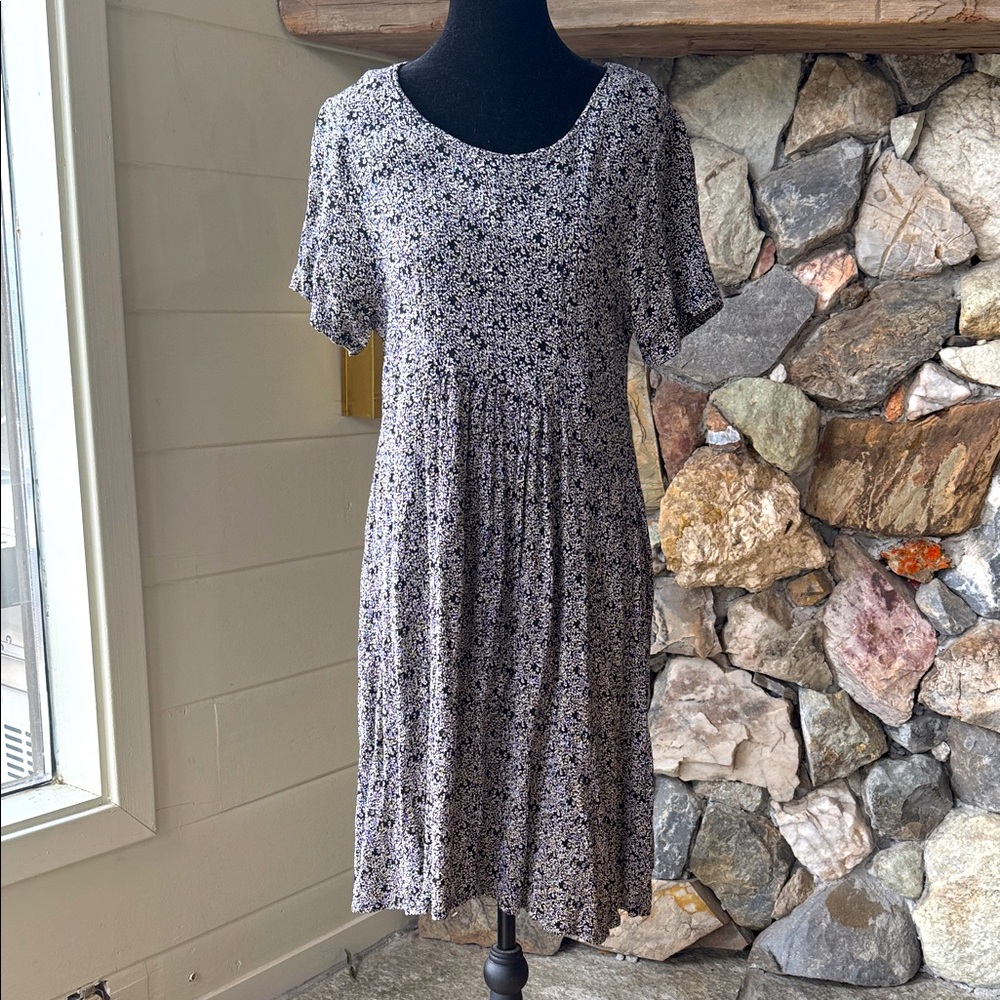 Vintage Lord & Taylor 90s Floral Midi Dress Black & White M
